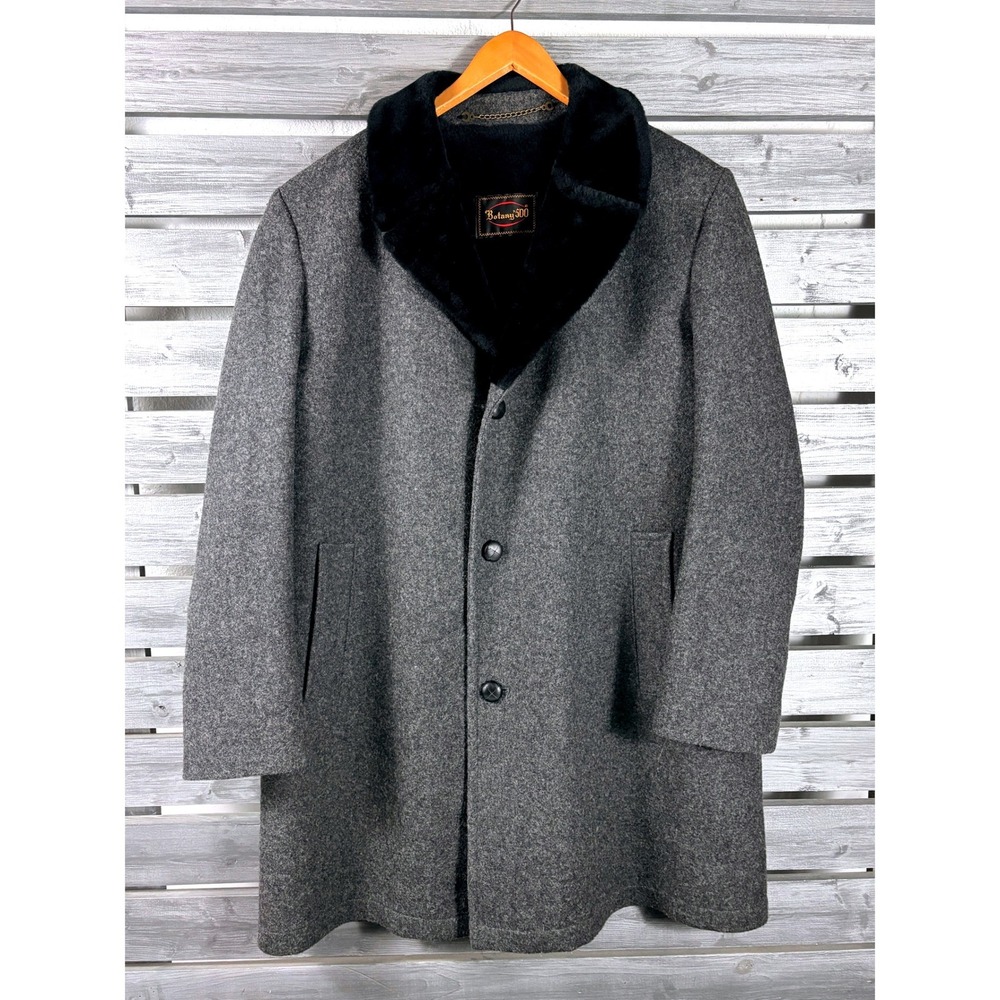 Vintage Botany 500 Mens Gray Blend Faux Fur Collar Overcoat Car Coat 44L MINT